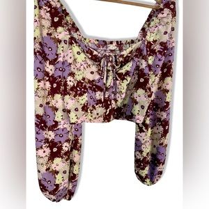 Open Edit Nordstrom Long Puff Sleeve Floral Crop Top